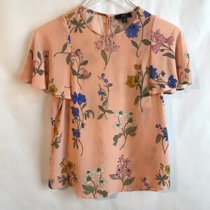 J Crew 100% Silk Tullerie Floral Flutter Sleeve Top XS Pink Feminine Romantic